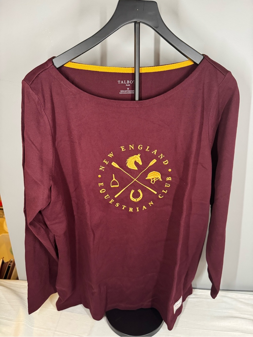 Talbots Maroon Long-Sleeve Graphic Tee with Gold Equestrian Emblem